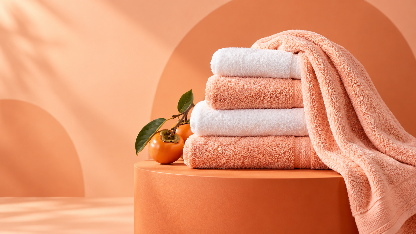 Illustrative concept still-life of folded peach and white towels in warm daylight